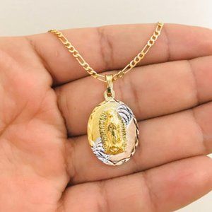 14K Gold Filled Tri-Color Guadalupe Necklace 20" Catholics Pendant 26x18mm Women